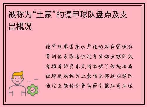 被称为“土豪”的德甲球队盘点及支出概况