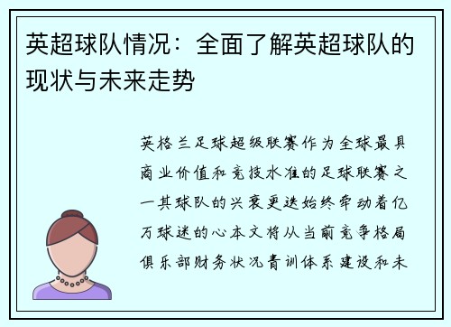 英超球队情况：全面了解英超球队的现状与未来走势