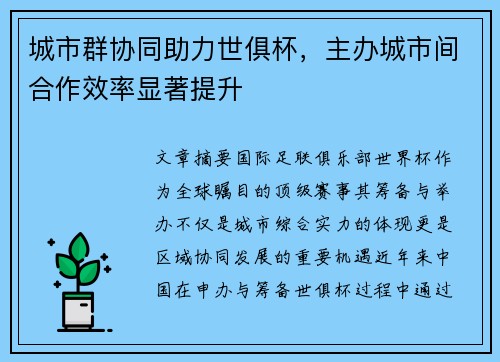 城市群协同助力世俱杯，主办城市间合作效率显著提升