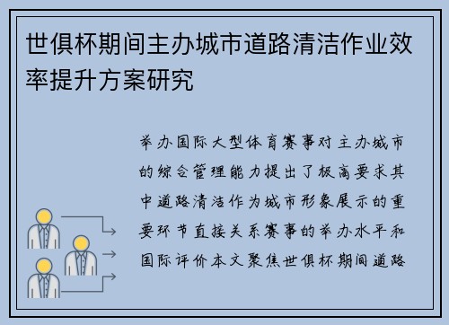 世俱杯期间主办城市道路清洁作业效率提升方案研究